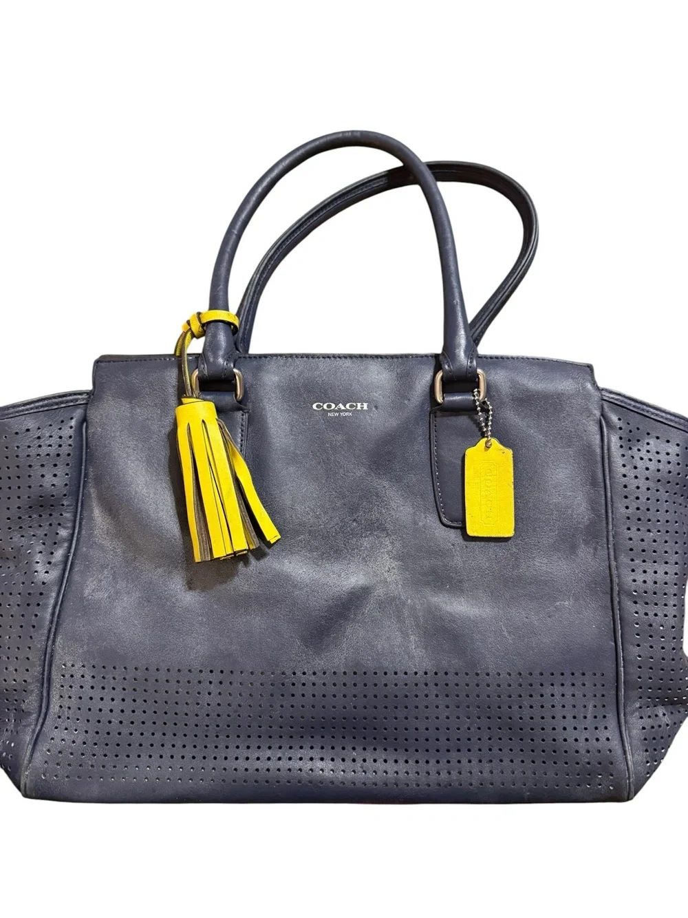 PROJECT BAG! COACH Navy Leather Perforated Tote with Yellow Tassel Charm - Picture 1 of 14